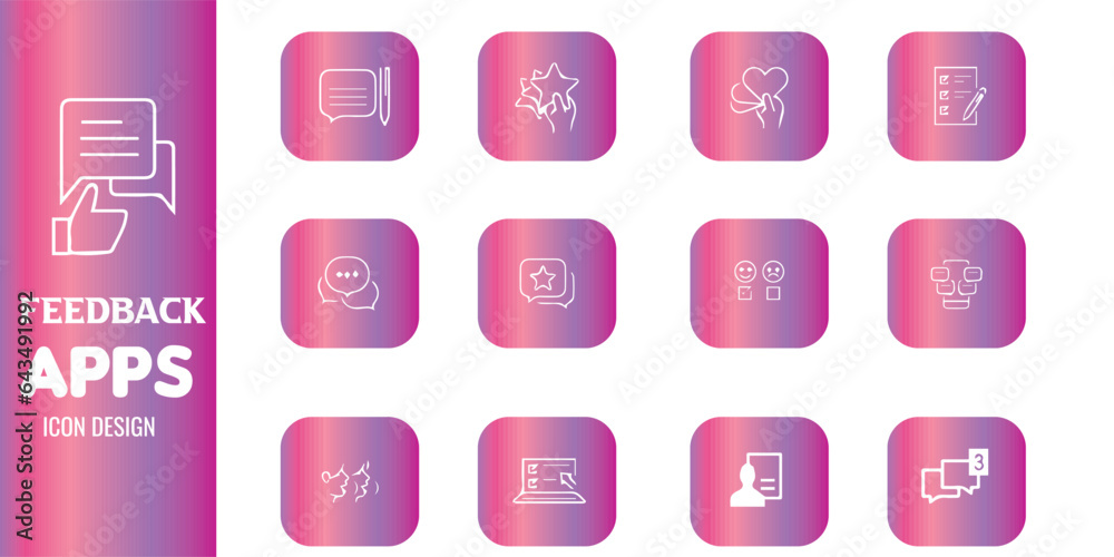 Feedback App icons with colour gradient
Feedback, testimonial, customer thin line icons. Editable stroke. For website marketing design, logo, app, template, ui, etc. Vector illustration Feedback App icons with colour gradient
Feedback, testimonial, customer thin line icons. Editable stroke. For website marketing design, logo, app, template, ui, etc. Vector illustration