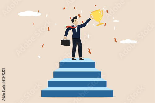 Winners, business people get awards, entrepreneurs get promoted or win titles, smart entrepreneurs get success. Illustration of a successful businessman.