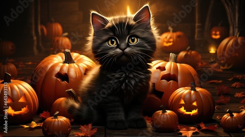 halloween cat and pumpkins