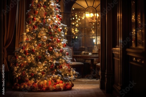 Generative ai of beautifully decorated Christmas tree inside the house and lit up with a soft, warm glow during the Christmas season.