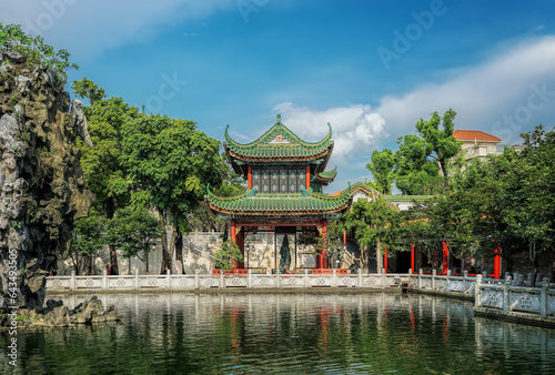 Guangzhou, Guangdong, China. Zini Village, Shawan Town, Panyu Nanyue Garden. The garden features common elements of Chinese Lingnan garden architecture such as ponds, bridges, pavilions.