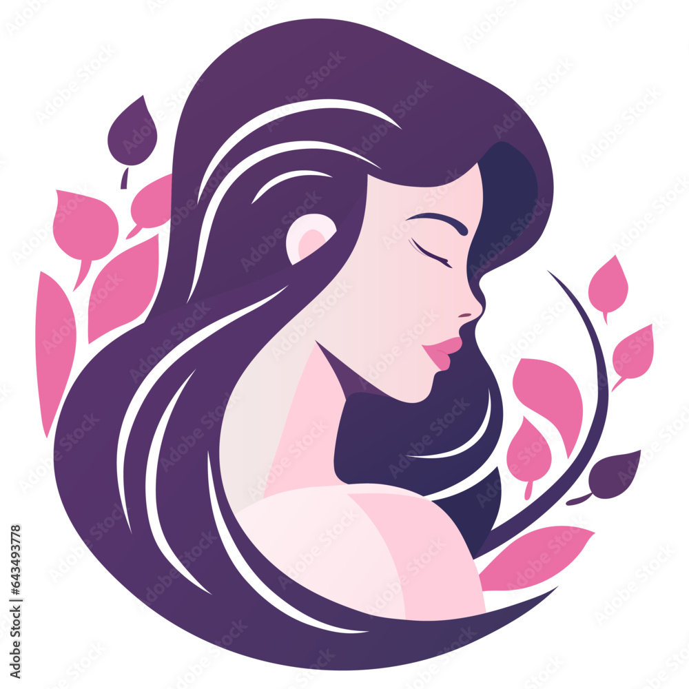 Portrait of a beautiful girl in profile. Light pale pink skin, closed eyes, purple hair, pink plump lips, thin eyebrows, neat nose, pink leaves in the background. Meditation, mindfulness, nature