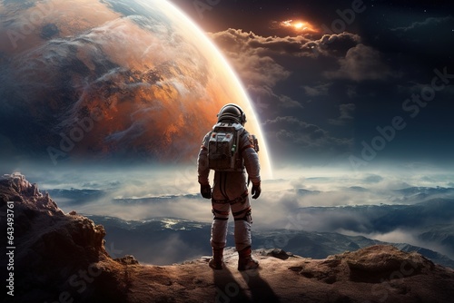 Astronaut gazes upon distant planet. Cosmic exploration.