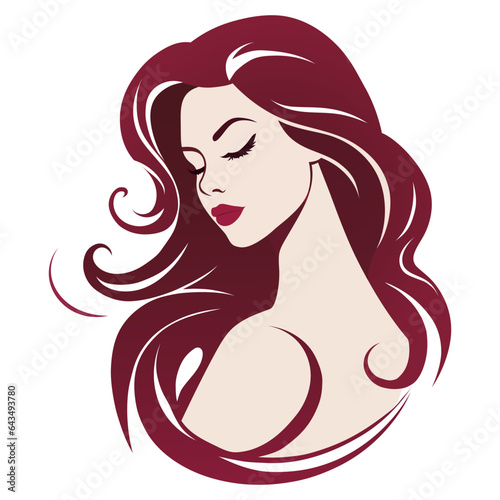 Portrait of a beautiful girl. Side view from the back, pale fair skin, bright red hair and lips, closed eyes, thin eyebrows, thick black lashes, high forehead, neat nose, curly wavy strands, woman