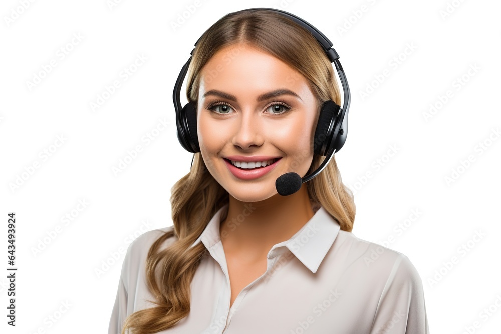 Woman working in call center isolated on white background. Woman working in call center isolated on white background.