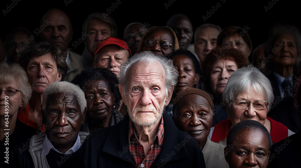 Older demographic people show demographic change and Generations and Aging. Many elderly people of different races. The problem of demographic aging on planet Earth. Older demographic people show demographic change and Generations and Aging. Many elderly people of different races. The problem of demographic aging on planet Earth.
