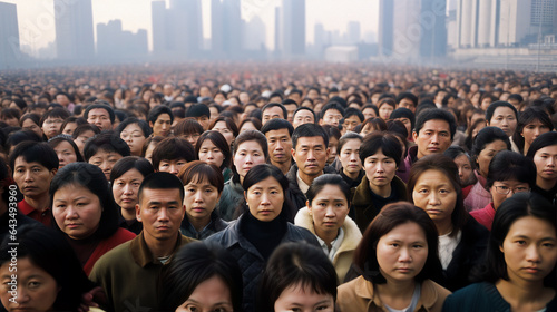 Many Asian people on the street of a big city. Demographic crisis and overpopulation on planet Earth. photo