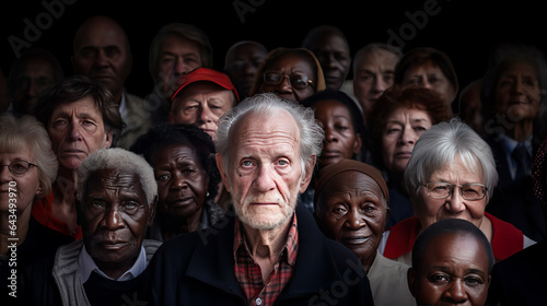 Older demographic people show demographic change and Generations and Aging. Many elderly people of different races. The problem of demographic aging on planet Earth. © Luiza