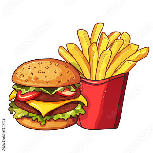 Burger with double cutlet and french fries in a red cardboard box. Cheeseburger, beef cutlet, lettuce, tomatoes, sauce. Fast food, street, takeaway, tasty dish, juicy layers, fried crispy potato