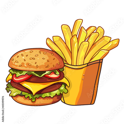Burger with double cutlet and french fries in a yellow cardboard box. Cheeseburger, beef cutlet, lettuce, tomatoes, sauce. Fast food, street, takeaway, tasty dish, juicy layers, fried crispy potato