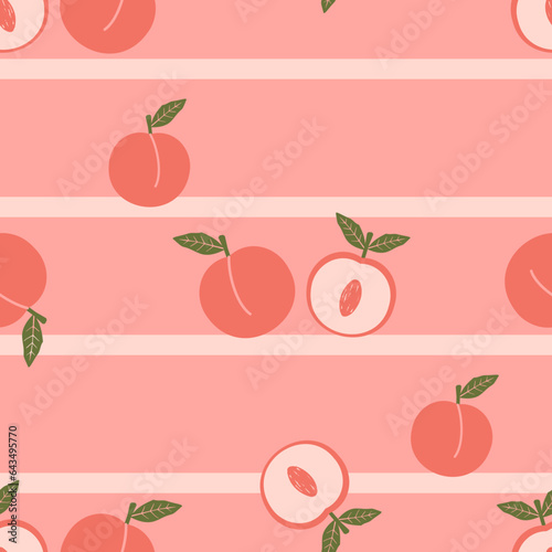 Seamless pattern of peach fruit with green leaves on stripe pink background vector illustration. Cute fruit print.