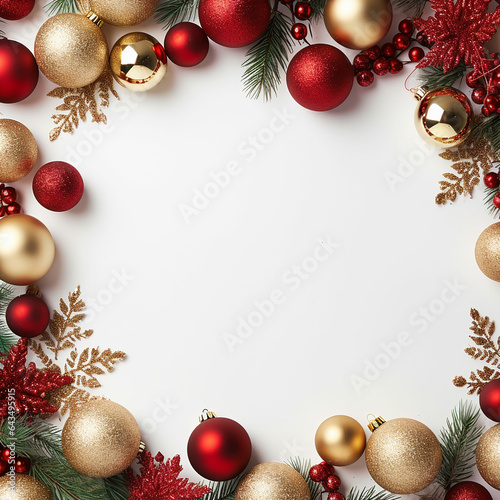 Bright Christmas frame of spruce, red & gold christmas decorations on white background. Copy space. Winter holidays, New Year. Made with generative ai