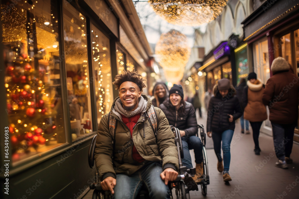 Disabled young man in a wheelchair, shopping tour with friends, happy smiling people , winter and christmas season