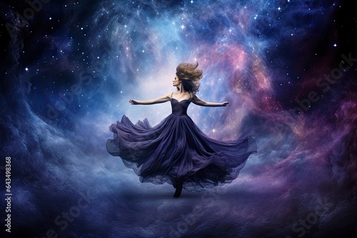 a woman in a dress standing in the middle of a galaxy. The concept of astrology and astronomy.
