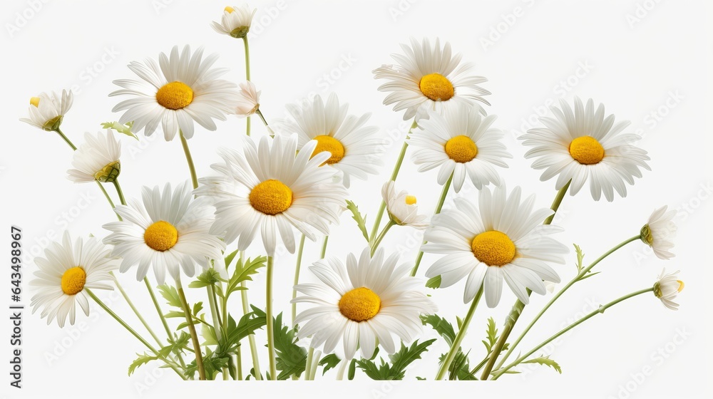 Beautiful daisy flowers with yellow centers and white petals isolated on white background - high quality PNG