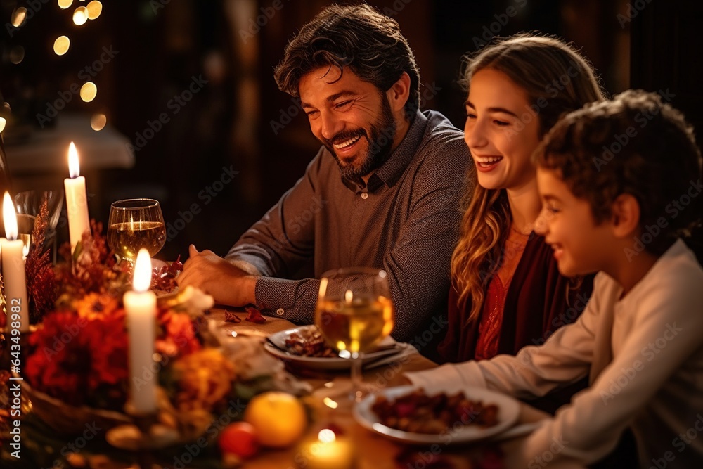 Happy family gathered together at Thanksgiving holiday table.