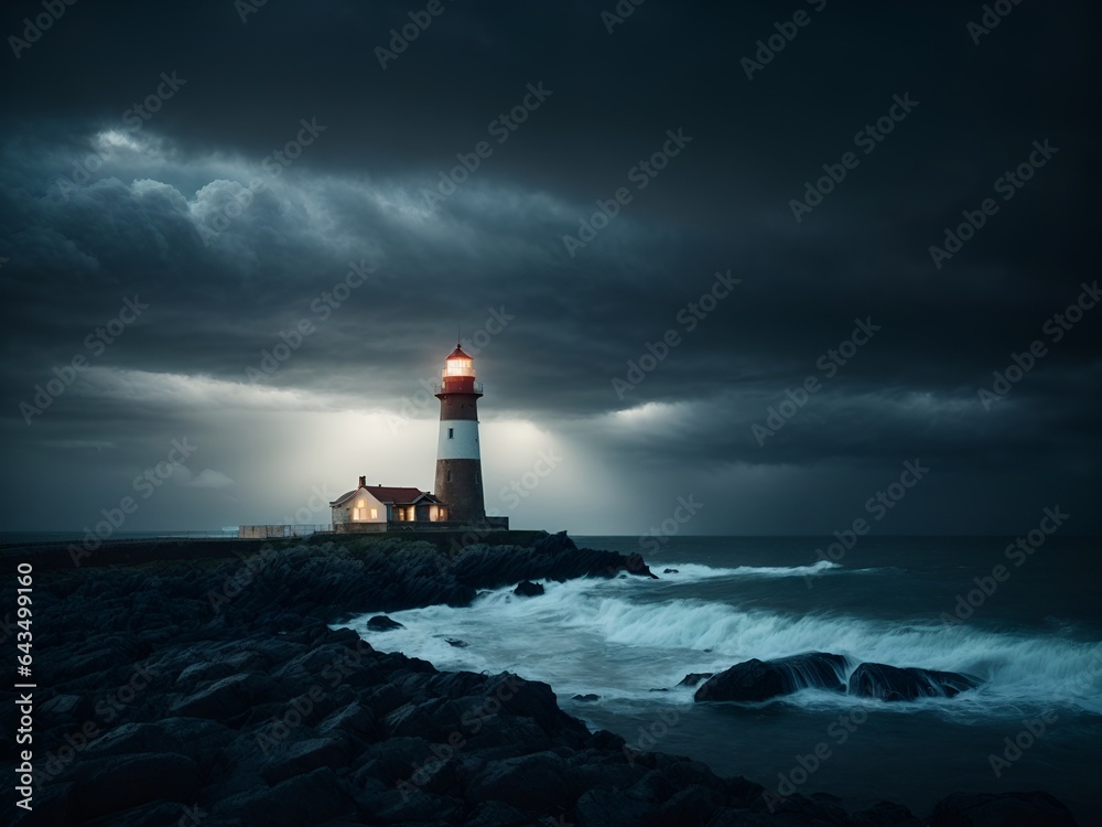 Rough seas and lighthouse, generated by AI
