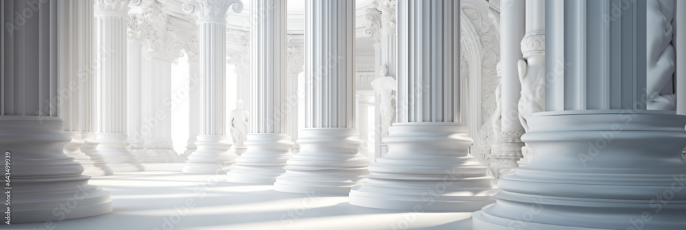 Beautiful architectural white panorama baner with shadow from columns. Abstract light background - Generative AI Beautiful architectural white panorama baner with shadow from columns. Abstract light background - Generative AI