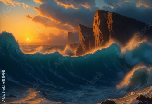 Landscape of the raging sea against the backdrop of sunset, big waves and rocks. © gr1f0n81