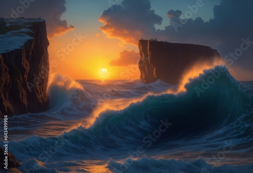 Landscape of the raging sea against the backdrop of sunset, big waves and rocks.