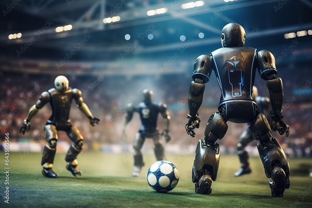 Team of robots competes in a football match. Technology future and sports. Team of robots competes in a football match. Technology future and sports.