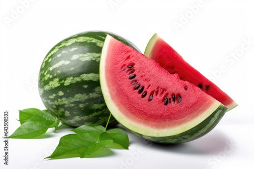 Red juicy fresh watermelon sliced and whole with leaves isolated on white background