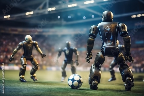 Team of robots competes in a football match. Technology future and sports.