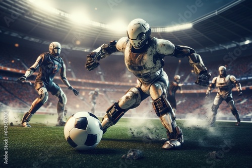 Robots play football match with each other in stadium. Sports and technology.