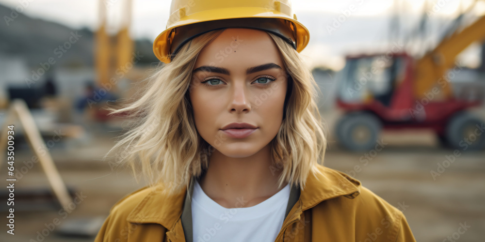 Woman wearing hard hat on a construction site - Generative AI - obrazy, fototapety, plakaty 