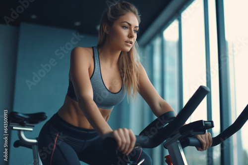 Woman on stationary exercise bike, focused on maintaining a healthy lifestyle and improving her physical fitness by engaging in cardiovascular workouts at home or in the gym - Generative AI