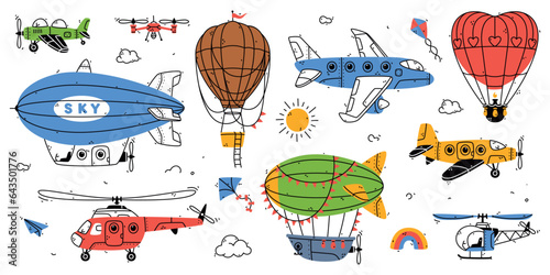 Different Aircraft with Hot Air Balloon and Plane Vector Set