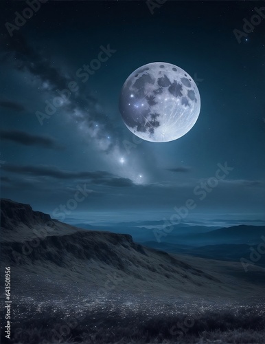 Star-filled night sky, with a full moon illuminating the landscape.
