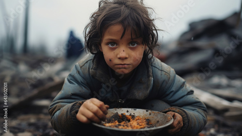 Hungry starving poor little child looking at the camera in the midst of war ruins