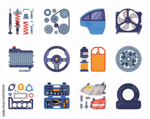 Auto Spare Parts and Elements for Car Repair Vector Set