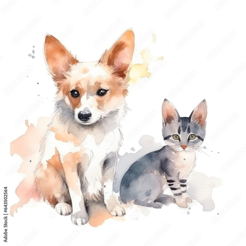 Cat and dog in a watercolor style. PNG with transparent background