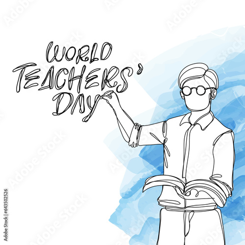 Teachers Day Banner With Simple Teacher Hold Book Teaching Student Illustration One Continuous Line Style