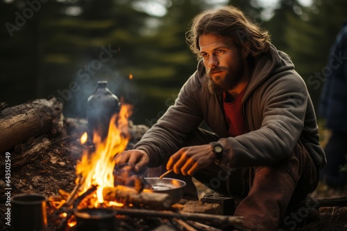 Backpacker Cooking A Simple Meal Over A Bonfire, Generative AI