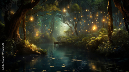 Magical lights sparkling in forest at night, firefly, fantasy fairytale scenery © AlexCaelus