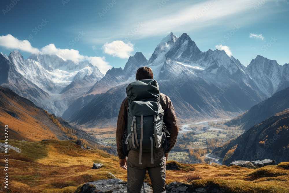 Backpacker Gazing At A Stunning Mountain Range, Generative AI Backpacker Gazing At A Stunning Mountain Range, Generative AI