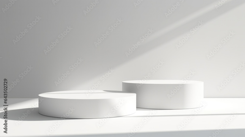 Minimalist design for presentation and product display, white square podiums with sunlight and shadow background. Minimalist design for presentation and product display, white square podiums with sunlight and shadow background.