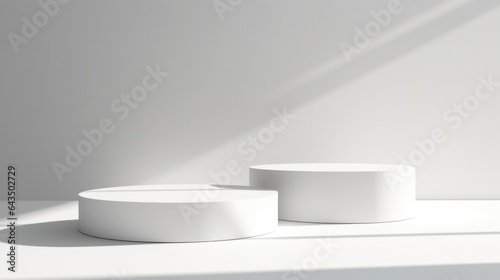 Minimalist design for presentation and product display  white square podiums with sunlight and shadow background.