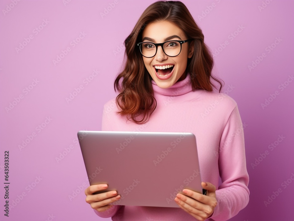 Generative AI : Photo of hooray brunette young lady hold laptop wear violet turtleneck eyewear isolated on pink background