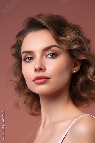 Generative AI : Natural beaty woman face natural makeup beautiful female color background