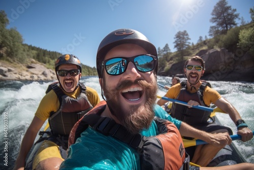 Friends Share Laughter And Camaraderie During Rafting, Generative AI  © Shooting Star Std