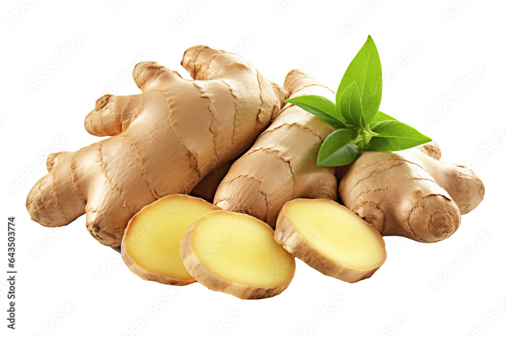 Fresh ginger root with green leaves and lemon wedges isolated on transparent background - a natural remedy for colds and flu Fresh ginger root with green leaves and lemon wedges isolated on transparent background - a natural remedy for colds and flu