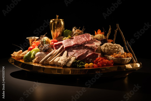 a large gold tray with meat, meatballs and vegetables on it, ai generated.