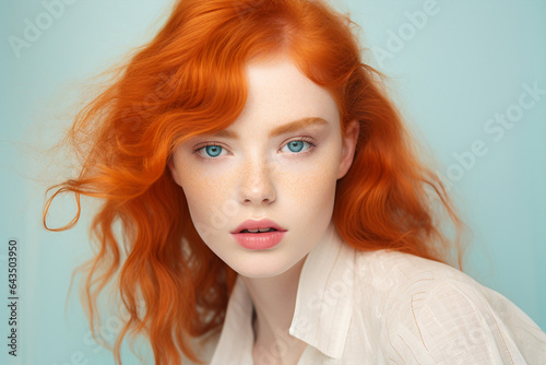 Beautiful young woman with red hair, pale skin, blue eyes and freckles