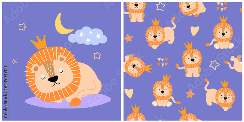 Childish pattern with a cute sleeping lion cub in a crown,  seamless pattern. For children's clothing, fabrics, wallpapers, wrapping paper, textiles, T-shirt prints. Hand drawn vector graphics