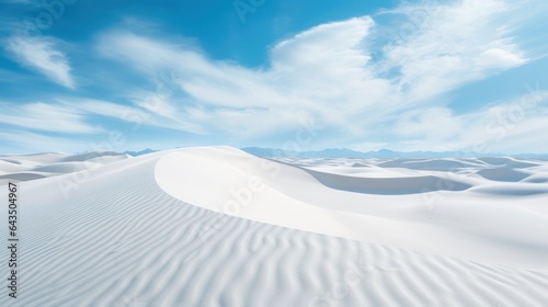 Endless desert with white sand stretching across the primeval desert. Landscape photography, desert background with patterns of sand waves against the blue sky