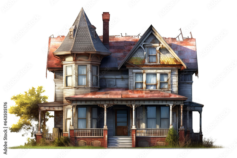 Victorian style house with turret and porch in a lush garden setting ...